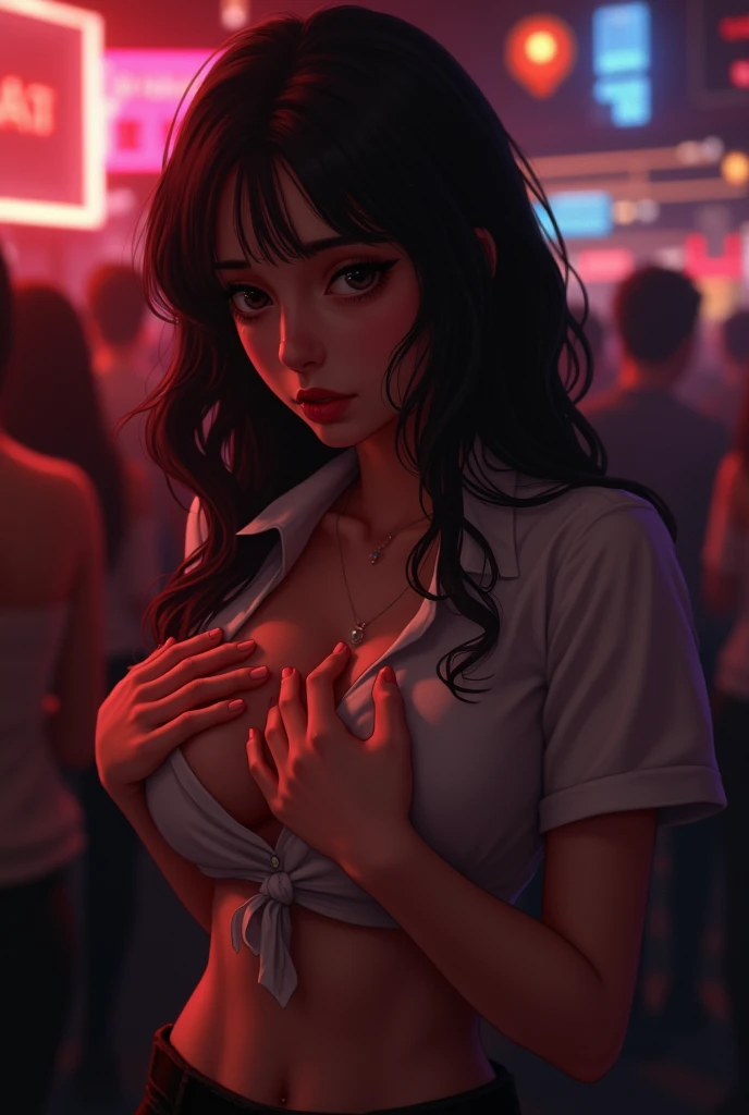A sexy sad looking preppie girl in a night club. Cupping her tits