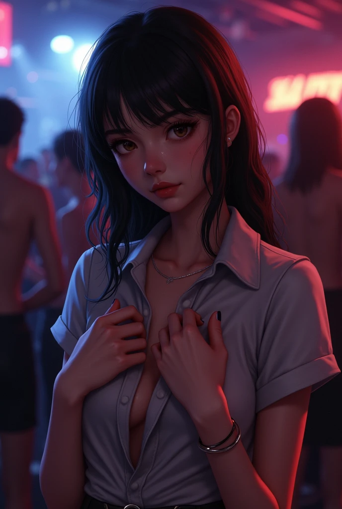 tall woman(brown eyes; long, straight black hair; large breasts; olive skin tone), Disney-style cgi, business casual attire; outside on neon-lit night streets in the rain; futuristic; dystopian; cyberpunk; best quality; trending on artstation; complex volumetric lighting; sobbing uncontrollably; crying; tears; sad expression; standing in the rain; drenched; wet clothes; wet hair
