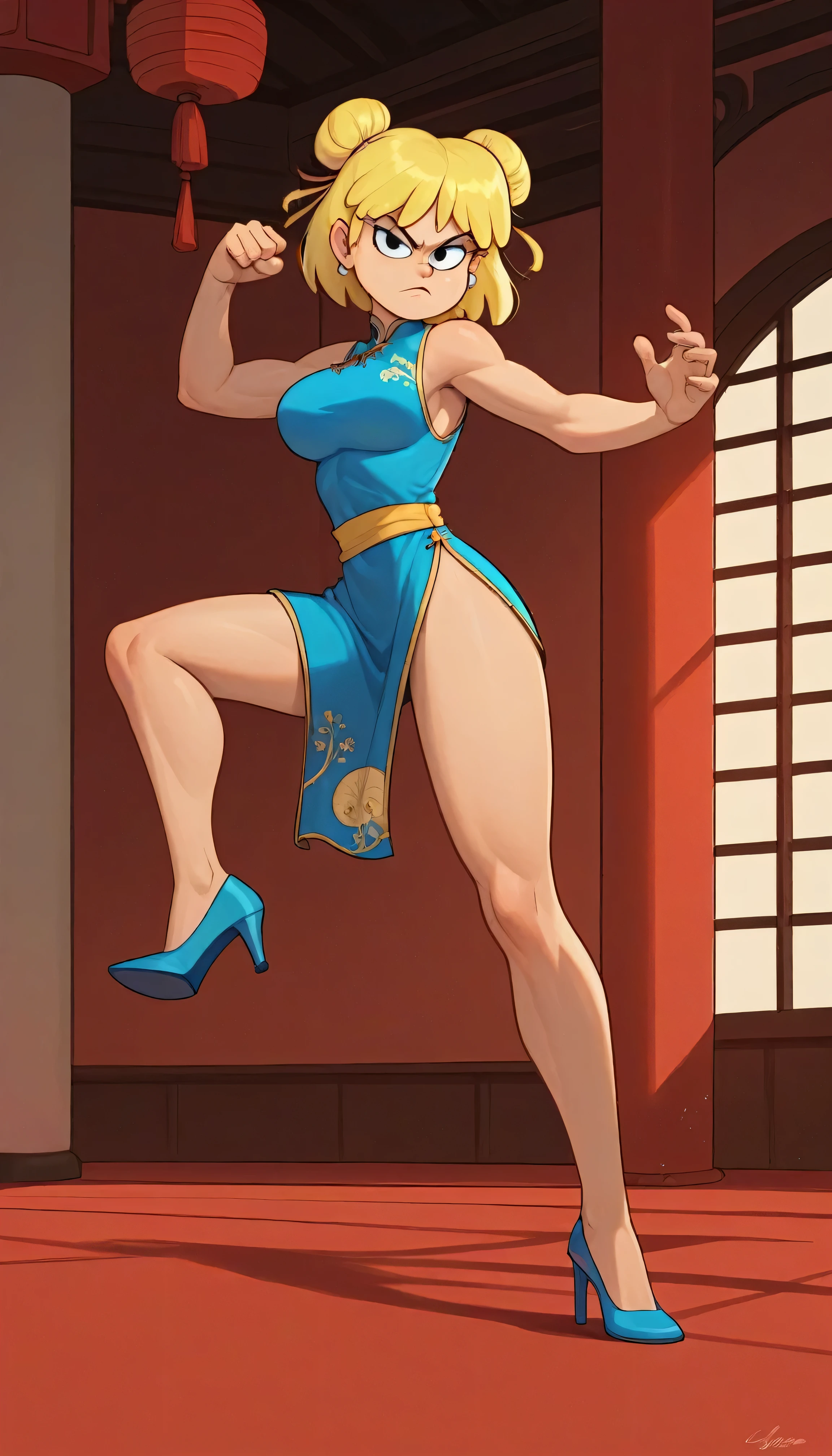 lori loud, 1girl, solo, 24yo girl, blue cheongsam, inside of a chinese style temple, large breasts, looking at viewer, blonde hair, short hair, two hair buns , hands score_9, score_8_up, score_7_up, high heels,teep fighting stance,martial arts