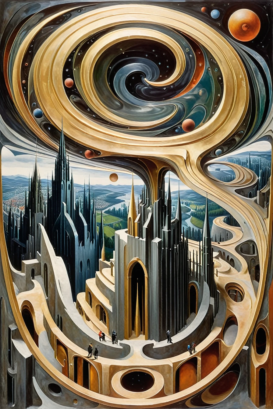 d3qck artstyle,style of Edvard Munch,art by escher,Gerald Brom,In a world where geometry reigns supreme, cityscapes reveal a riot of multicolored imagery. Skyscrapers, composed of interconnected shapes - triangles, circles, squares - each in a different vibrant color, stand in harmony amidst the contrast. Here, geometry comes to life, constantly changing and rearranging in a symphony of forms and shades. The sky is a canvas of mathematical perfection, with clouds forming fractal patterns that reflect the city below. This is a place where Euclidean and non-Euclidean geometries coexist, a utopia for those who find beauty in corners and edges, in a bright play of color and form. Edvard Munch style,dark,mood,fantasy style