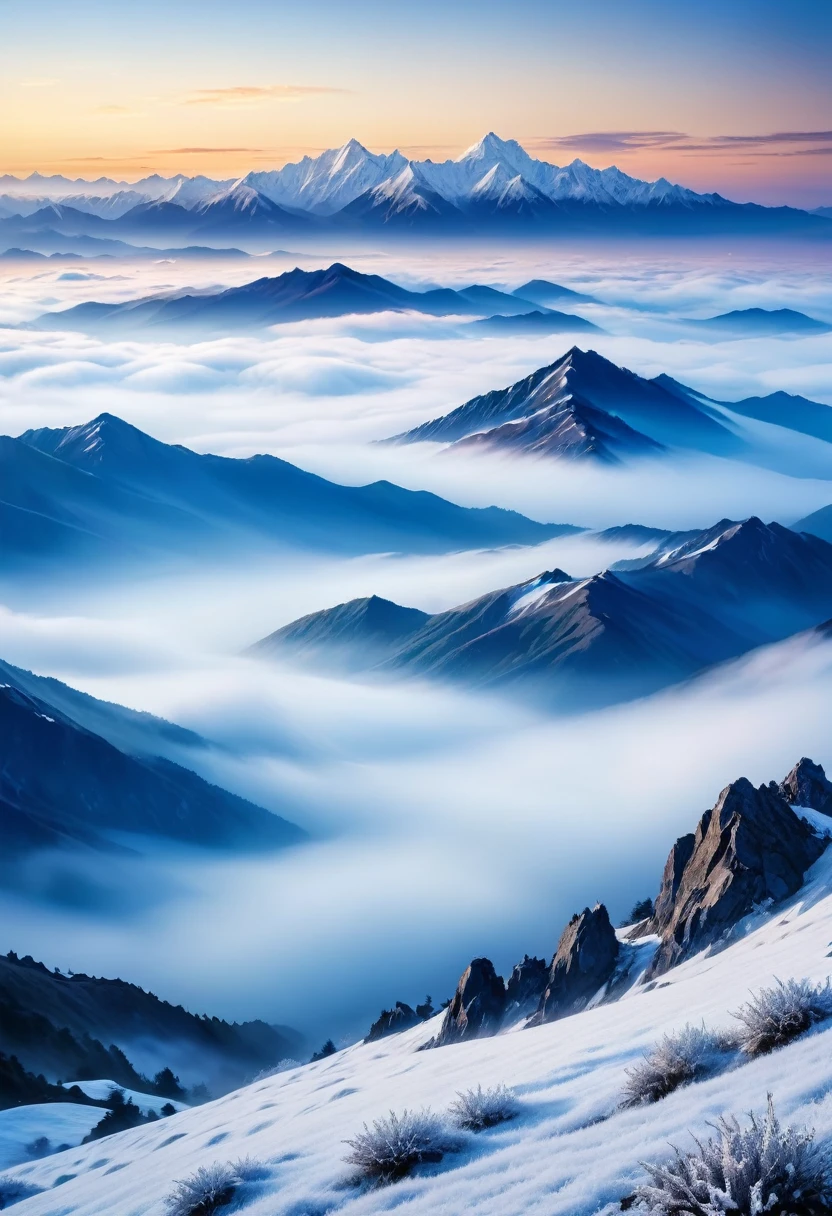  Snowy mountain scenery in blue tones at sunrise，With sunrise as background. The distant mountains are covered with fog and low clouds. Misty mountains., Mountains like ink paintings, Kiriya, Foggy morning landscape, sea of clouds, Morning Light,

                    Peaceful and dreamy atmosphere, Vision，ultra depth of field，super wide angle，The complexity of microfocal length lenses、High detail shooting, exquisite art, Realistic and ultra-detailed digital art style