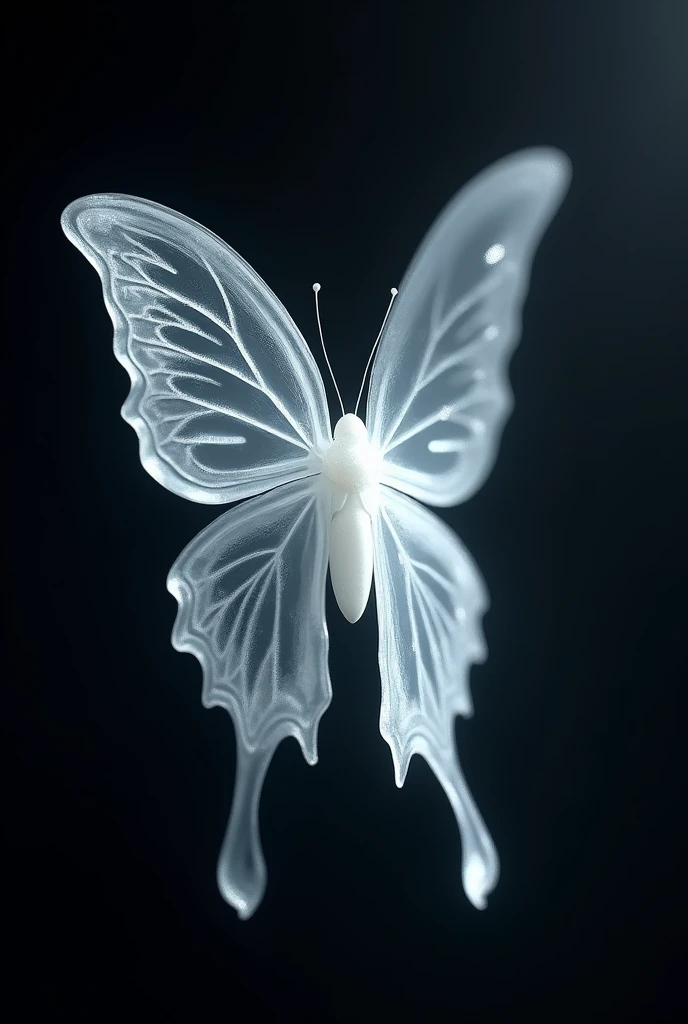 Teardrop butterfly made of almost transparent white magic crystal on black background