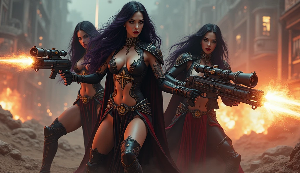 Masterpiece, Best Quality, Official Art, (Highly Detailed CG Unity 8k wallpaper), Detailed background, (Hands by Guido Daniele: 1.1). Full body pose sexy sisters of battle from the warhammer 40k, shooting at the enemy, white armor with intricate details, red armor with intricate details, religous symbols on the armor, sisters of battle, warhammer 40k, Massive silicone breast, pale skin, seductive, temptation, eat your soul, clevage, long flowing black hair with purple highlights, heavy gothic makeup, at night, neon, beautiful detailed eyes, beautiful detailed lips, extremely detailed eyes and face, long eyelashes, highly detailed armor, intricate futuristic weaponry, dramatic lighting, cinematic composition, muted color palette, gritty and realistic, mecha, science fiction, hyper-detailed, photorealistic, award winning digital art, 8k, HDR, masters work, in the middle of a battle field, full body combat action pose, explosions and fire around, full war, stunning, Stilleto heels, high heels, full body pose, cinematic, movie trailer, final stand!, nemesis, ready to strike, dust and debree, combat screams, attacking, shooting at the enemy, running forward, last line of defense, charging, fanatic, religious, templar knights, sisters of battle, warhammer 40k