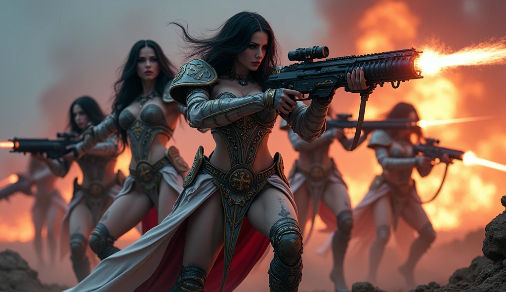 Full body pose sexy sisters of battle from the warhammer 40k, shooting at the enemy, white armor with intricate details, black armor with intricate details, red armor with intricate details, religous symbols on the armor, sisters of battle, warhammer 40k, Massive silicone breast, pale skin, seductive, temptation, eat your soul, clevage, long flowing black hair with purple highlights, heavy gothic makeup, at night, neon, beautiful detailed eyes, beautiful detailed lips, extremely detailed eyes and face, long eyelashes, highly detailed armor, intricate futuristic weaponry, dramatic lighting, cinematic composition, muted color palette, gritty and realistic, mecha, science fiction, hyper-detailed, photorealistic, award winning digital art, 8k, HDR, masters work, in the middle of a battle field, full body combat action pose, explosions and fire around, full war, stunning, Stilleto heels, high heels, full body pose, cinematic, movie trailer, final stand!, nemesis, ready to strike, dust and debree, combat screams, attacking, shooting at the enemy, running forward, last line of defense, charging, fanatic, religious, templar knights, sisters of battle, warhammer 40k