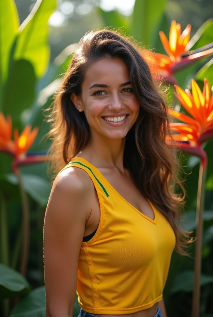 An American woman in a lush tropical garden, wearing a Brazil shirt, with a close-up capturing the harmonious beauty between her breasts and the natural flowers, showing off your natural charm and outgoing personality.