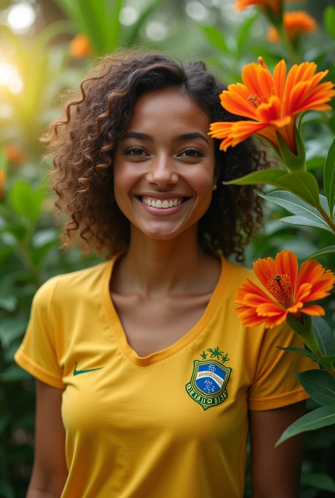 An American woman in a lush tropical garden, wearing a Brazil shirt, with a close-up capturing the harmonious beauty between her breasts and the natural flowers, showing off your natural charm and outgoing personality.