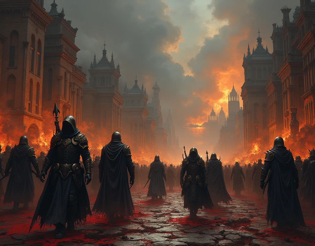 A grim and brutal visual depiction of a city being sacked by the Iron Talon army. The streets are filled with the bodies of the fallen, blood pooling on the cobblestones. Buildings that once stood tall and proud are now engulfed in flames, their structures crumbling as smoke billows into the darkened sky. Iron Talon soldiers, clad in black and gold armor, move through the city like harbingers of death, their weapons dripping with the blood of those who dared to resist. The scene is one of utter chaos and horror—women and children cry out in despair, while men are cut down without mercy. Some soldiers loot and ransack homes, dragging out the terrified occupants to meet their grisly fate. The air is thick with the stench of smoke and blood, and the sounds of agony and destruction echo through the night. In the distance, the once-beautiful stone structures and statues lay in ruins, shattered and defiled. The atmosphere is dark, oppressive, and filled with the raw brutality of war. The art style should be realistic, capturing the intense and harrowing details of the sack, emphasizing the atrocity and bloodshed committed by the Iron Talon army.
