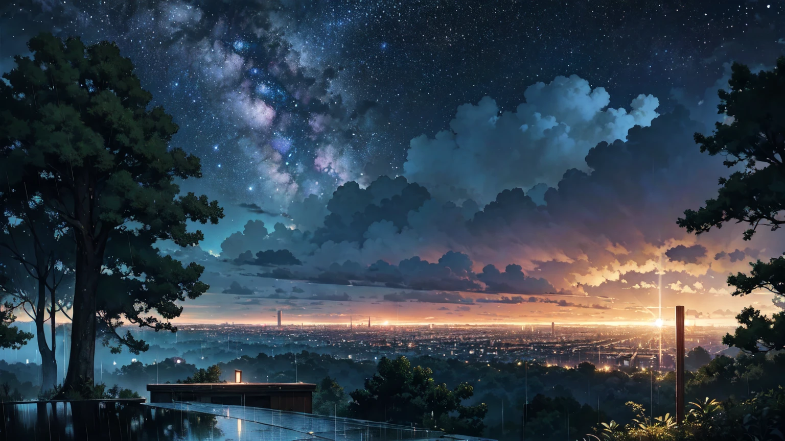 Nostalgic, Makoto Shinkai, A splendid library beyond the forest, night, heavy rain. The library can be seen beyond the forest, vivid. Sky full of stars. Rainy weather. Fantastic, forest in the foreground, library in the background.