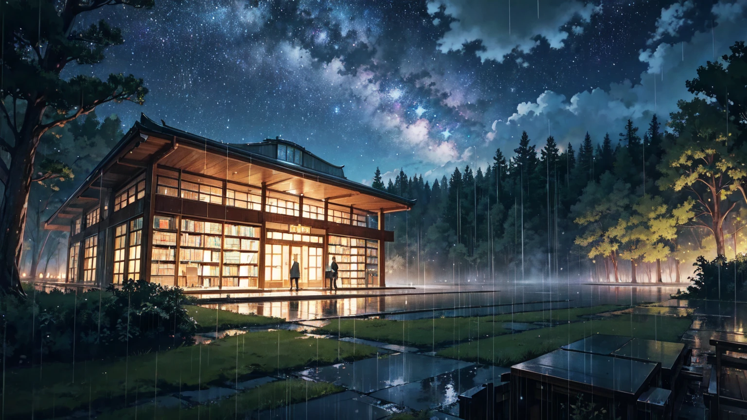 Nostalgic, Makoto Shinkai, A splendid library beyond the forest, night, heavy rain. The library can be seen beyond the forest, vivid. Sky full of stars. Rainy weather. Fantastic, forest in the foreground, library in the background.