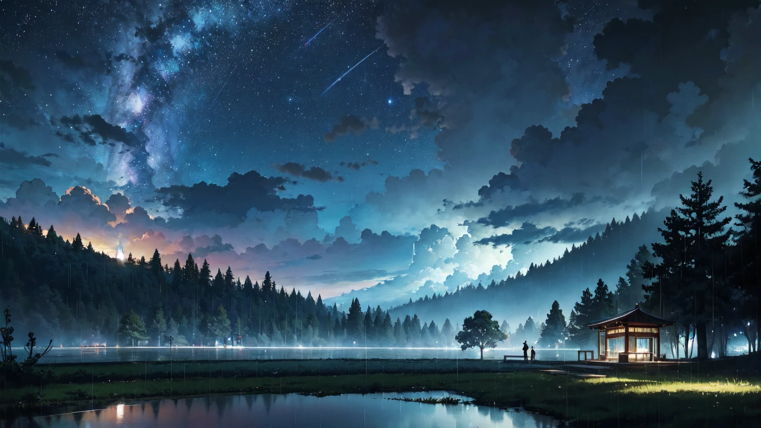 Nostalgic, Makoto Shinkai, A splendid library beyond the forest, night, heavy rain. The library can be seen beyond the forest, vivid. Sky full of stars. Rainy weather. Fantastic, forest in the foreground, library in the background.