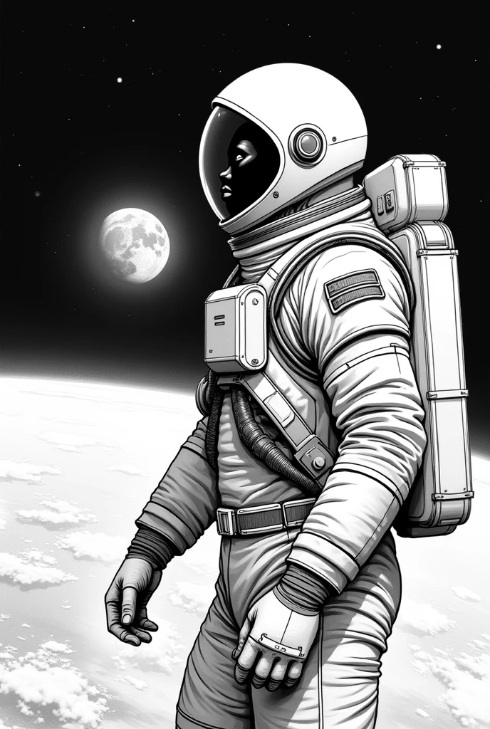 Astronaut coloring page looking at earth black and white HD image 