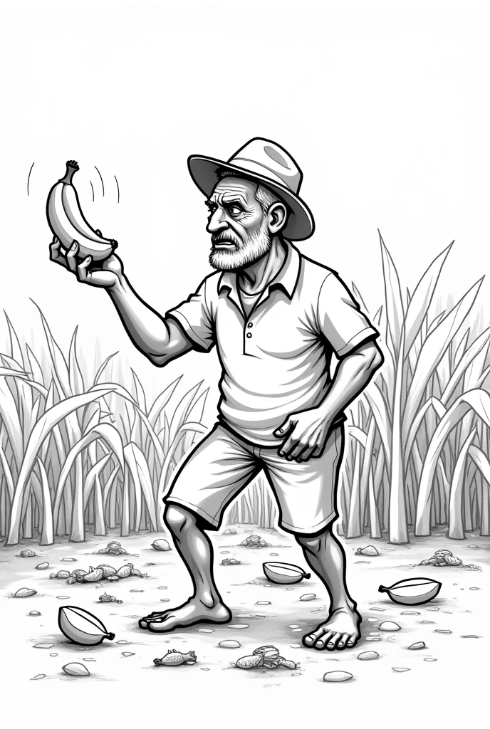 Create an easy to draw black and white drawing, of a slightly older man with a beard and hat, frustrated and angry, Make him be in a banana plantation and there are several bananas on the ground and the man has a banana in his hand examining them and a pest appears , He puts more bananas on the ground and a plague comes out of the banana that the man has in his hand.
