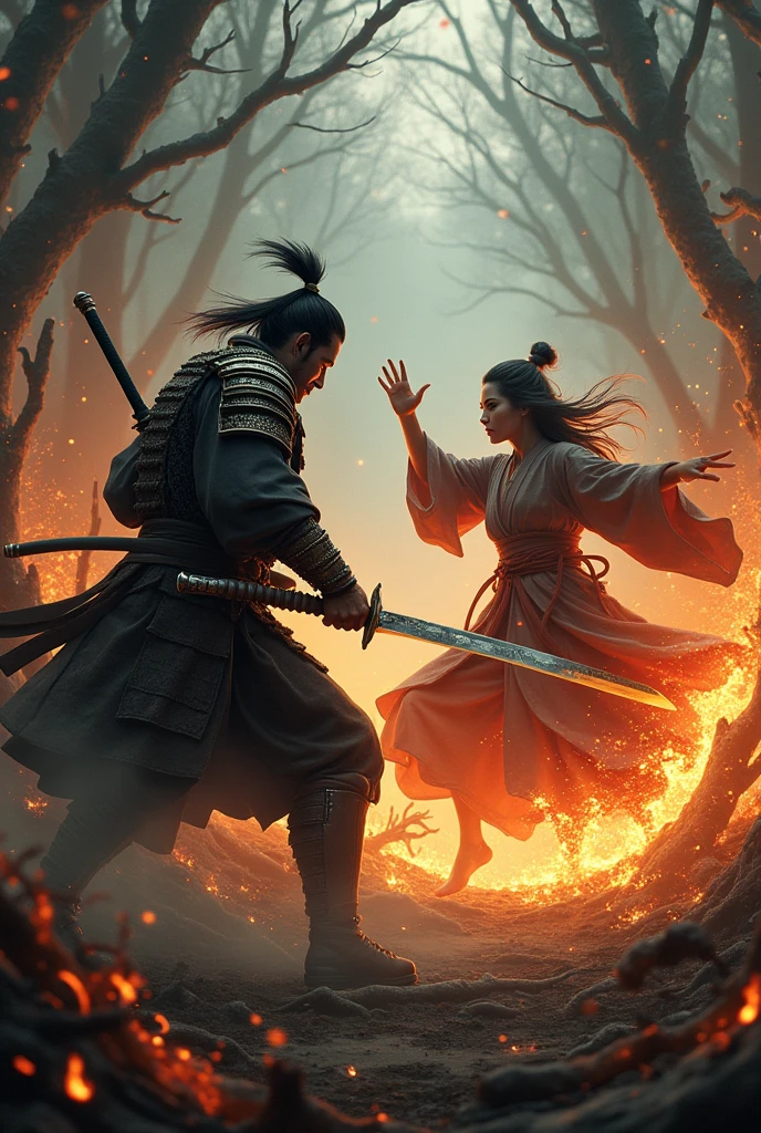 Ronin fighting with sorceress in burning forest.