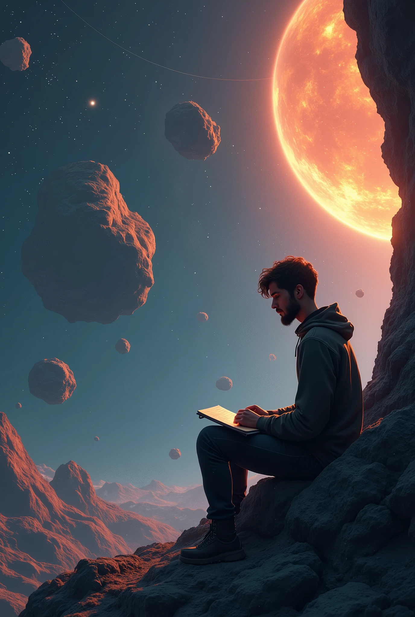 Draw a young programmer, sitting on a research platform floating in the middle of an asteroid belt. He is studying with a notebook, surrounded by several asteroids glowing with fiery auras. Dramatic lighting from distant stars and planets illuminates the scene, casting deep shadows on the suit. The young man looks confident and determined, looking at the vast and mysterious universe with wonder and respect,facial hair, cowboy shot,