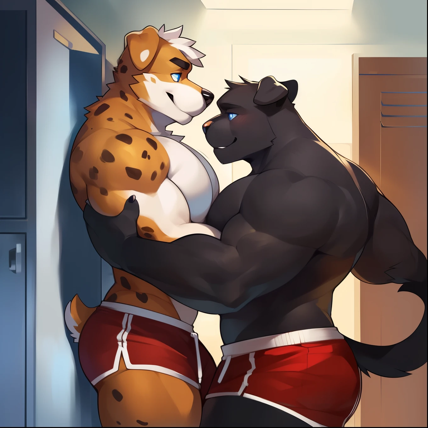 Duo, Anthro, male (((tall, Panther, black Panther, muscular, broad shoulders, huge pecs, looking dominant, biceps, black fur, black body, black legs, black hands, black thighs, black fur, all black body, abs, triceps, red pupils, long snout, red shorts, hand around waist, pinning against surface, all black body, holding upper arm, dominant male))) hallway, locker room, standing, detailed arms, detailed head, dormitory, against surface, against wall, domestic dog is being pinned, from front position, 5 fingers, size difference, looking at partner, facing partner, panther is pinning domestic dog to locker (((short, domestic dog, thin, muscular, blue pupils, big pecs, brown spots on legs, white body, white legs, white arms, white head, brown ears, brown spots on legs, floppy ears, folded ears, brown ears, long snout, shy expression, white fur, blue eyes, submissive male, tail, gym shorts, being pinned to wall))) full body, accurate arms, accurate anatomy, perfect anatomy, domestic dog is submissive male ((focus domestic dog white fur, focus pinning to wall, focus pinning against surface)) accurate arm anatomy, by darkgem, by mystikfox61, by glitter trap boy, by chunnie sex, bed, college bedroom