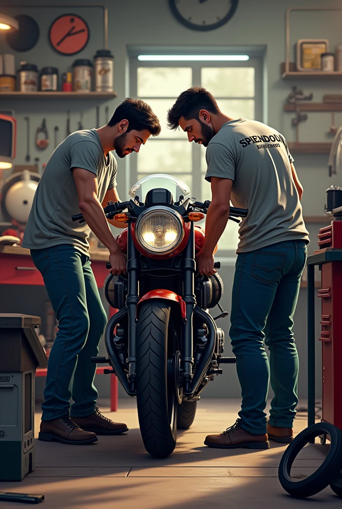Two mens working in a bike workshop nearby splendour bike wearing a t shirt written skcf bike point. And they are changing the tyres of a splendour bike