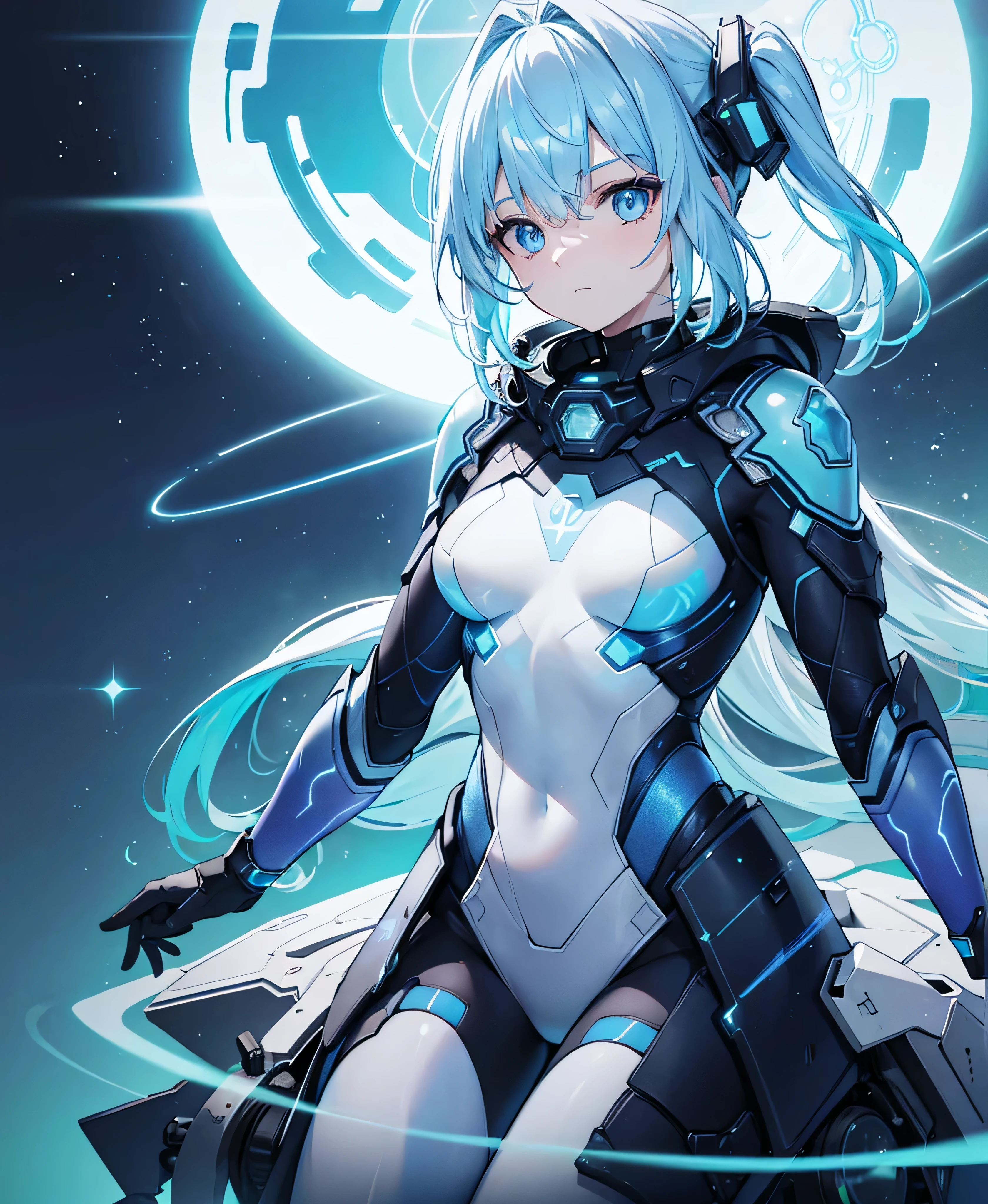 ((Holographic glow effect)),8k, Highest quality, (real:1.4), Original photo, 1 person, Asari Hair, Biological Amplifier, refined armor, posture: Peace talks between warring factions, smart blue eyes,whole body