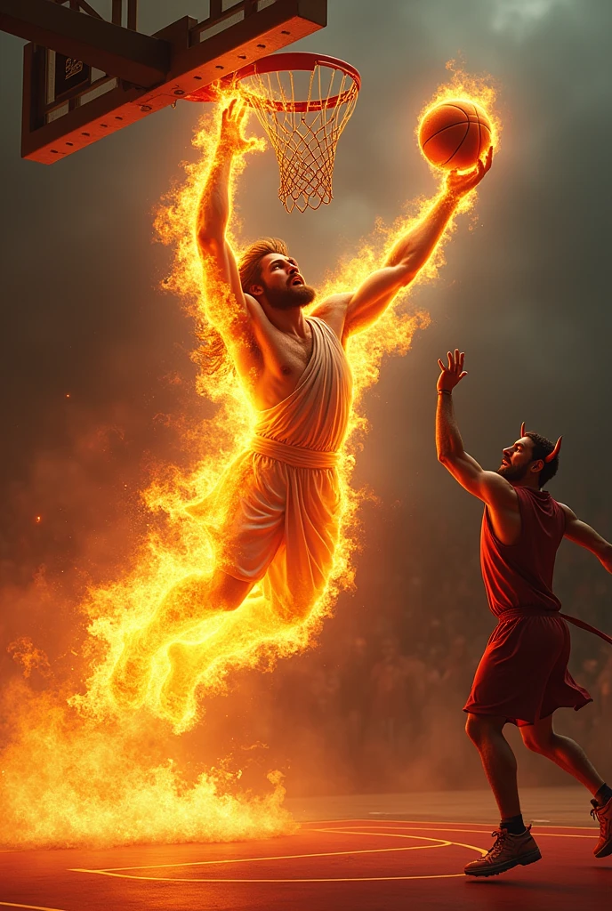 Jesus Christ beating the devil in a basketball game (Jesus is scoring a basket and is in the air, engulfed in flames, and the ball is also engulfed in flames.)