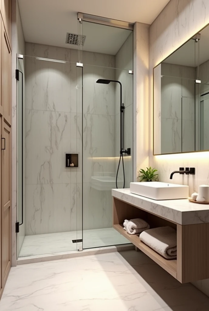 The bathroom features a sleek, modern design with clean lines and a serene color palette. The shower room, enclosed by glass panels, showcases a rainfall showerhead and elegant tilework. Adjacent to the shower, a contemporary wash basin with a polished countertop stands in an open area, accentuated by minimalistic fixtures and stylish, under-sink storage. Soft, ambient lighting and a large mirror above the basin enhance the space's bright, airy feel.