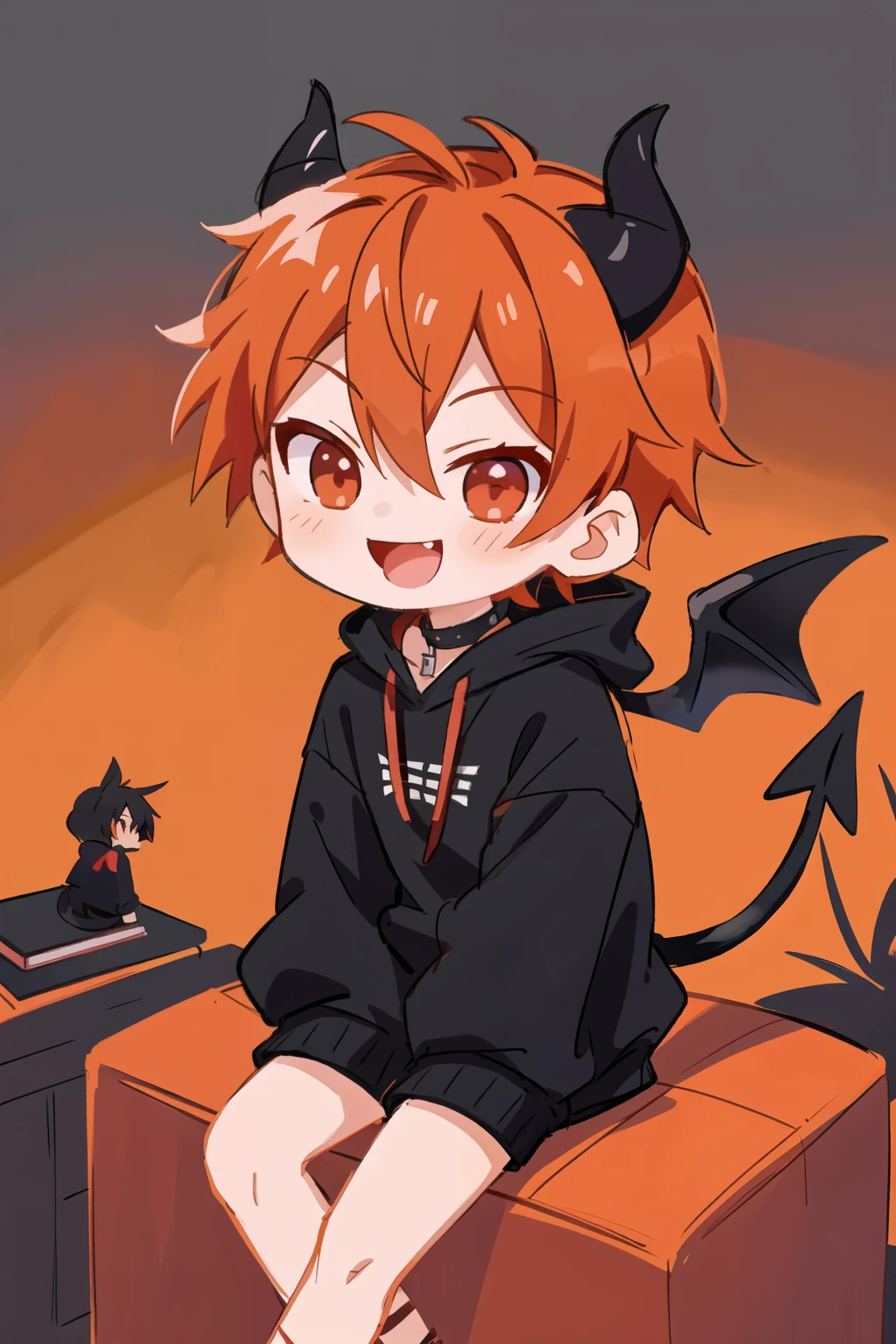 1boy, ;d,, orange hair, red eyes, demon boy, black demon tail, black demon, black small wings, black demon small horns, black and red hoodie, long sleeves, silver cross necklace*