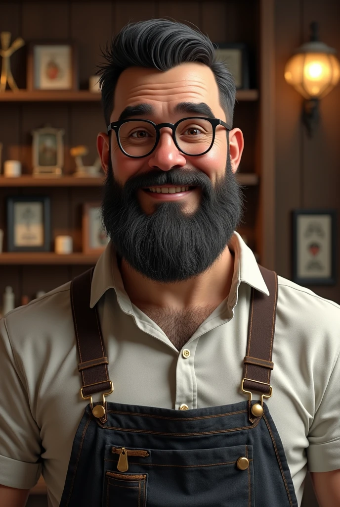 (photorealism:1.2), 30 years old man, with round glasses, and a black and grey beard, with suspenders. He's strong and has large should. He has a gentle smile and is the owner of an antiquarium