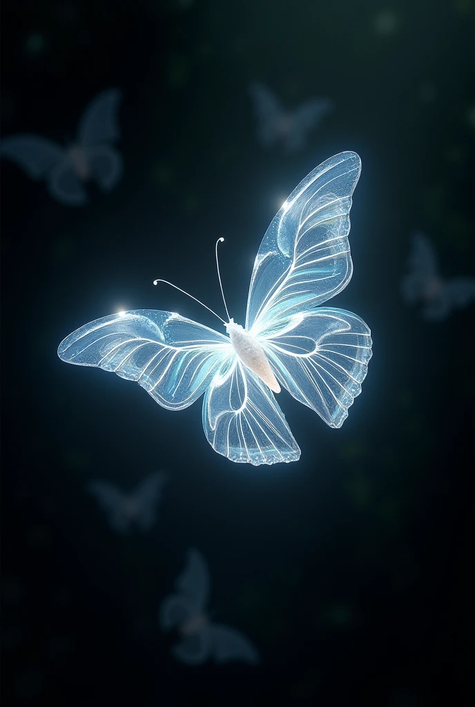 Teardrop butterfly made of almost transparent white magic crystal on black background