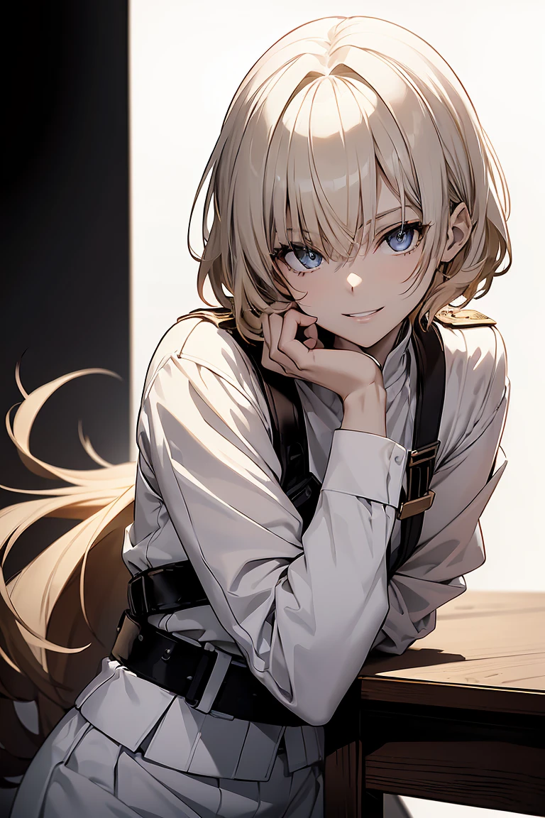 (Super sexy pose:1.2), One Girl, whole body, White one-piece military uniform, (Tabletop:1.2, Highest quality), (Beautiful, detailed eyes: 1.2), (Beautifully detailed face), High Contrast, (Best lighting, Very delicate and beautiful), ((Cinematic Light)), Dramatic Light, Deep orange eyes, small, Below the belt , White military uniform, White Skirt,Blonde, Black tie, (Pale white background:1.5), Wolf Cut Hair, Look at me and smile,