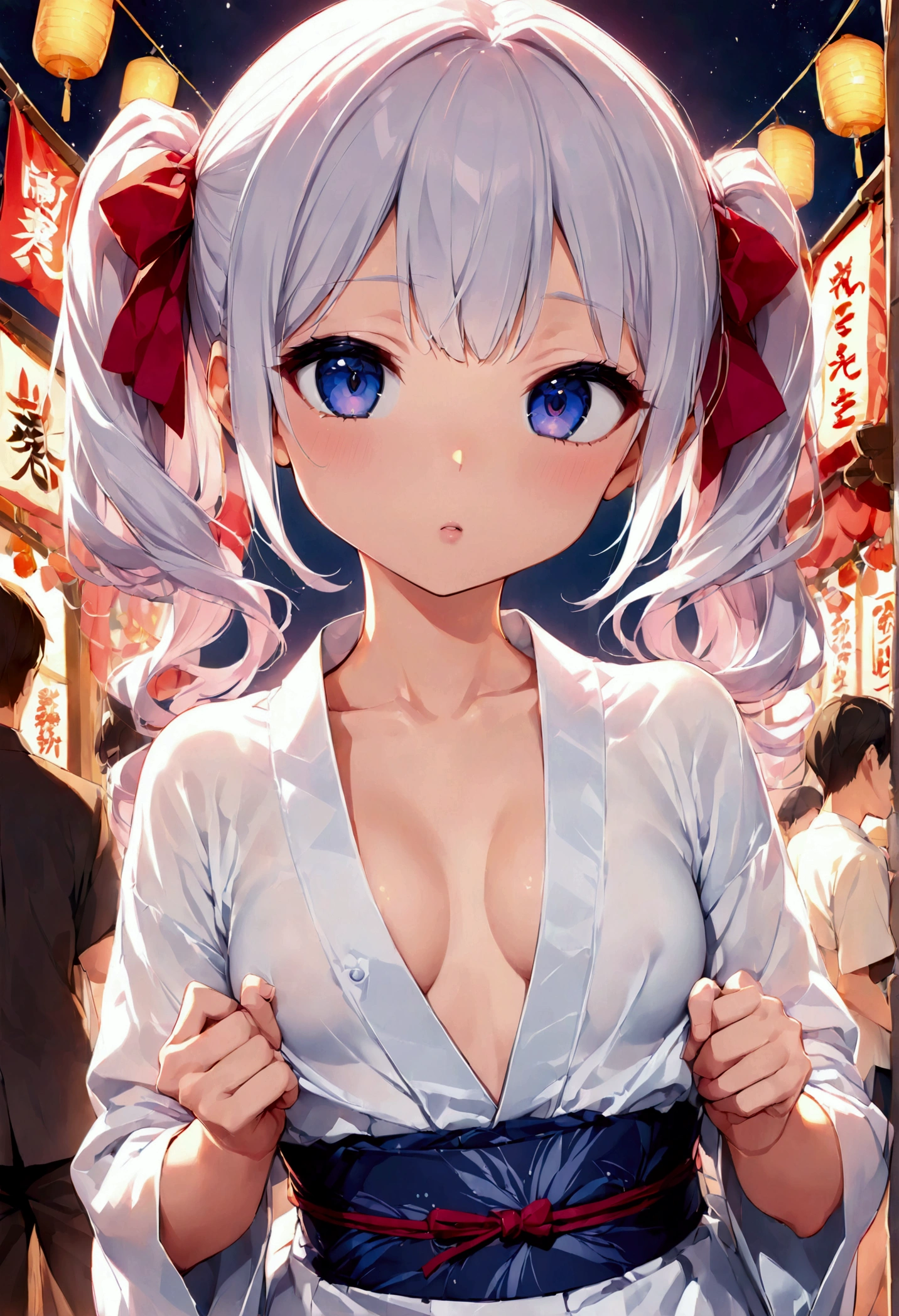 1girl,solo,closeup upperbody,faint smile,evil smile,white (yukata,miko:1.3),Japanese style,head decoration,Cleavage,under wear,Navel,Collarbone,On all fours,See-through