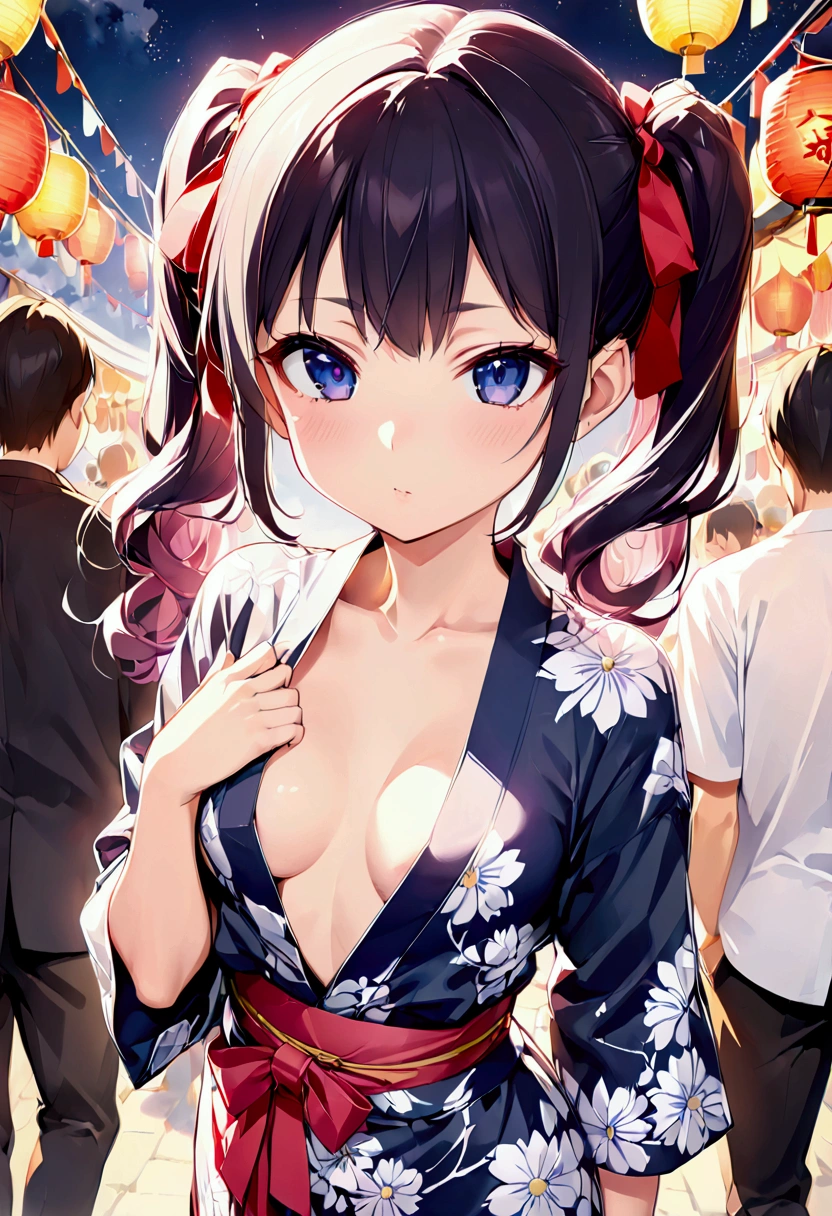 高いquality illustration, masterpiece, Very delicate and beautiful, Slender body, Anime Style, Beautiful Eyes, masterpiece, Highest quality, High resolution, Very detailed, Perfect lighting、very young、1 female、Twin tails、Puff out your cheeks、Front shot、Small breasts、Cleavage、Festivals、yukata