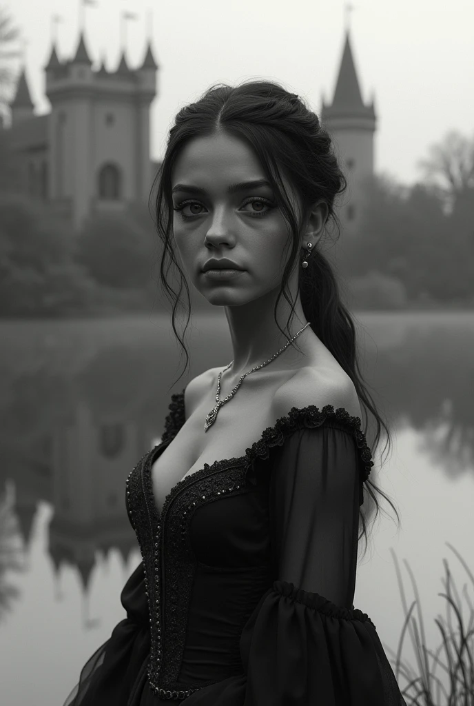 (best qualityer, 4K, 8k, high resolution, Masterpiece artwork: 1,2), ultradetailed, (realisitic, fotorrealisitic, fotorrealisitic: 1,37), medieval brazilian girl, young woman, looking straight at the camera, beautiful detailed eyes, beautiful detailed lips, extremely detailed eye and face, long eyelashes, medieval gown, standing near a lake, castle in the background, reflection in the lake, monochrome, elegant pose, serene expression, dramatic lighting, temperamental atmosphere
