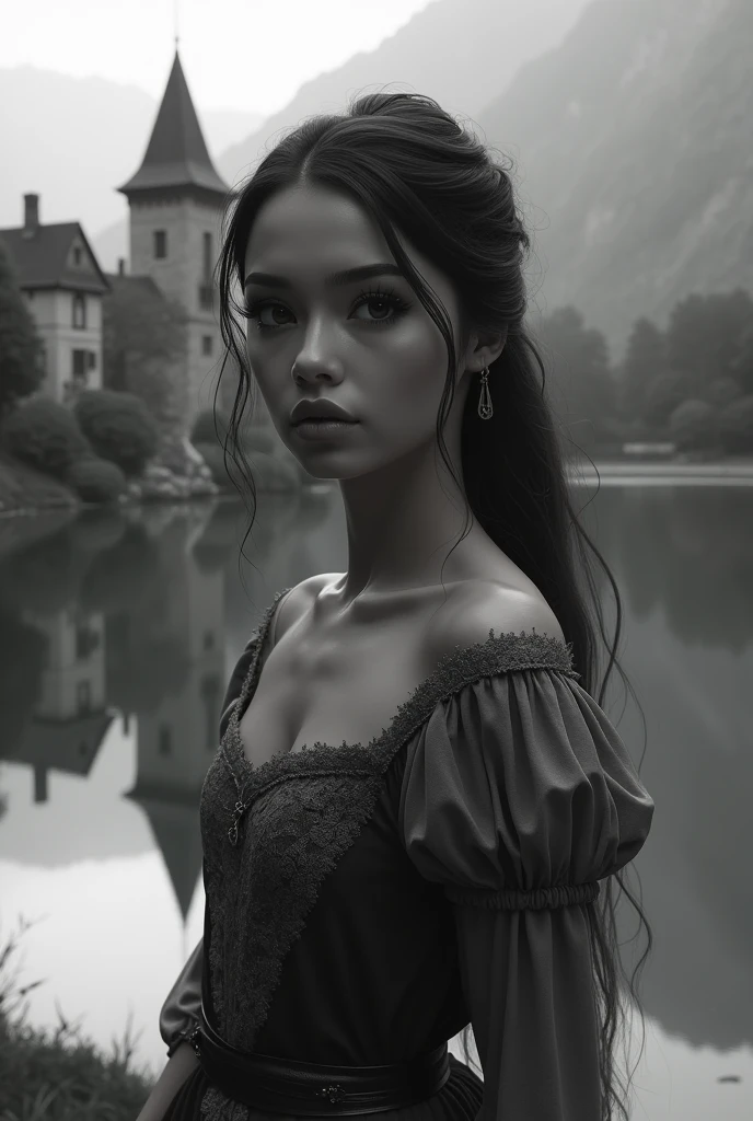 (best qualityer, 4K, 8k, high resolution, Masterpiece artwork: 1,2), ultradetailed, (realisitic, fotorrealisitic, fotorrealisitic: 1,37), medieval brazilian girl, young woman, looking straight at the camera, beautiful detailed eyes, beautiful detailed lips, extremely detailed eye and face, long eyelashes, medieval gown, standing near a lake, castle in the background, reflection in the lake, monochrome, elegant pose, serene expression, dramatic lighting, temperamental atmosphere