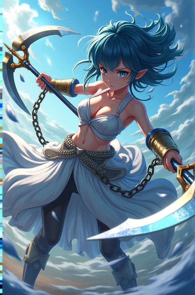 Create an anime character with wind power with two sickles with chains with bands on the arm