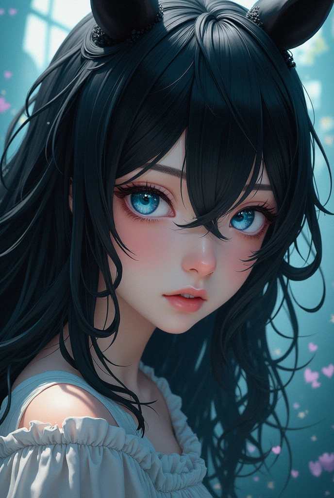 (masutepiece.top-quality).(Dynamic Angle). (Very spectacular detail CG painting),(image perfect)、comic strip.Illustration.1 girl in.Detailed face、face perfect.delicated face、girl in delicate clothes、Textured skin、Black hair.long、(Horse-eared girl)Horse-eared girl、((Beautiful blue eyes)).Delicate and beautiful eyes、Eyes written in detail、Reflected eyes、Watery eyes、smil.(gazing at viewer:1.3).(The face is a little red:0.8)、8k wallpaper、cowboy  shot、Reflected Light、highestdetailed、Convoluted、Delicate background、Textured skin、Detailed skin、(ultra res)、