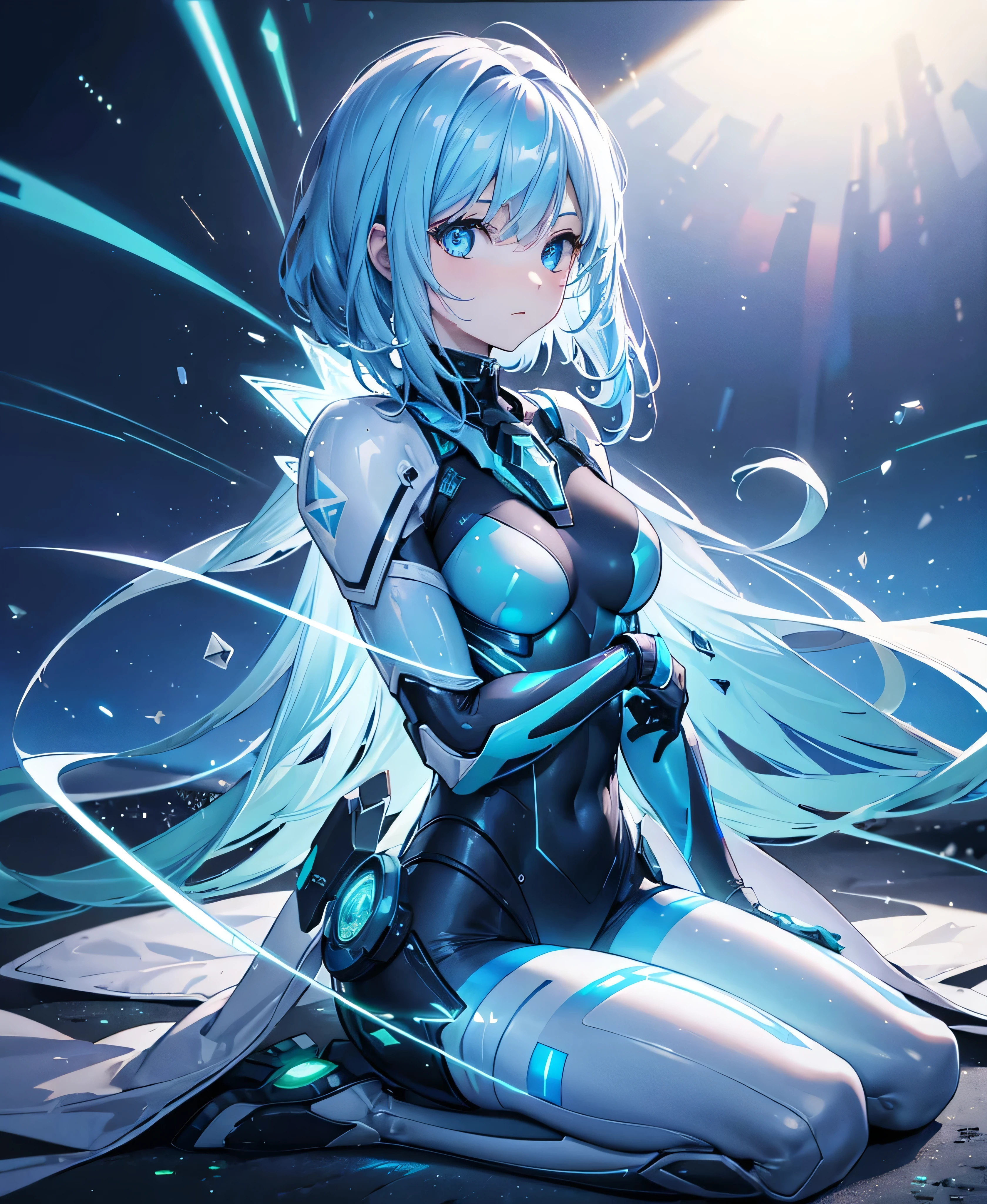 ((Holographic glow effect)),8k, Highest quality, (real:1.4), Original photo, 1 person, Asari Hair, Biological Amplifier, refined armor, posture: Peace talks between warring factions, smart blue eyes,whole body