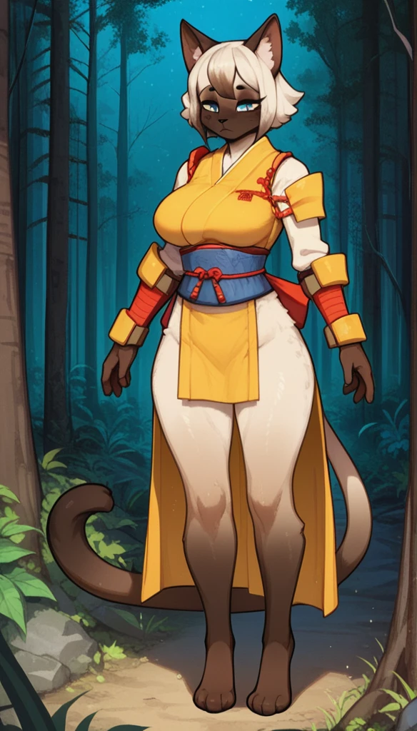 Half-closed eyes, tired expression, 1girl, anthro, furry, fur, fluffy fur, siamese cat, cat girl, japanese forest background, white hair (brown highlights), blue eyes, short hair, full body, (19 years), big breast, thicc thighs, solo, (japanese forest), half-closed eyes, detailed, shy, night, (yellow samurai armor), score_9, score_8_up, score_7_up, score_6_up, score_5_up, score_4_up