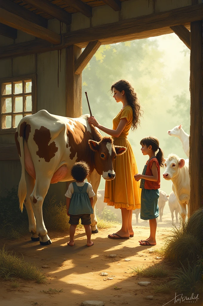 Take me a picture of a lady milking a cow on a farm in a stable and a boy and a girl are watching her. But the children should not be small, the lady should not be sitting and it should not be realistic.