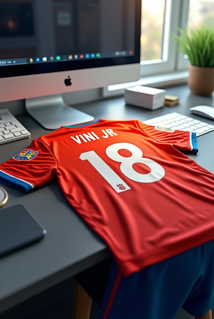 national team shirt with the name written on the back vini jr, on a desk
