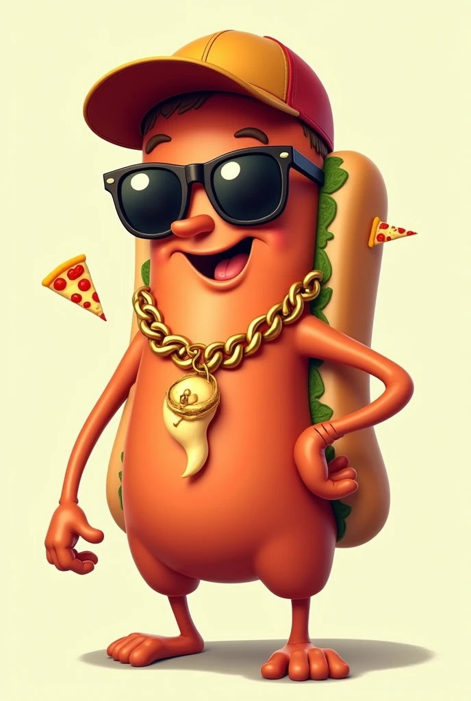 a close up of a hot dog with sunglasses and a cap, hot dog, hot dogs, Mascot illustration, edge, anonymous as a embedded, embedded, 2d illustration, 2d illustration, cartoon art style, high quality character design, full body pet, cereal mascot, Animated character design., digital character illustration, 🥥 🍕 Hybrid with gold chain around the neck