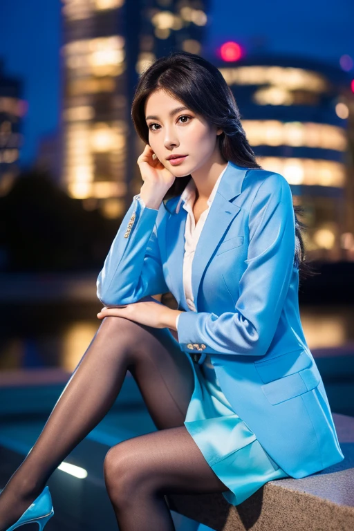 (Light Blue Blazer)、Business Blouse、(Light Blue Medium Skirt:1.3)、((Full Body Portrait))、(silk pantyhose)、Sitting、(Both legs and high heels look beautiful.)、1 girl、Perfect body,Two well-balanced legs、 Perfect hands, Perfect Face, Perfect Eyes, Accurate,(Perfect Anatomy, Anatomically correct), Perfectly clear and sharp focus、Large Breasts、Modern architecture at night on the background、Professional Lighting、((Highest quality、Ultra-high resolution、masterpiece))