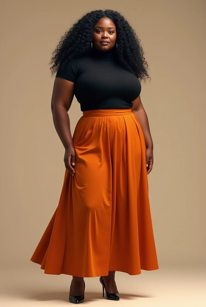 Make a full body image of 1 mulatto woman, long curly black hair, dark shaped eyes, chubby girl wearing black ribbed turtleneck short sleeve blouse, a long orange pleated skirt,high heels