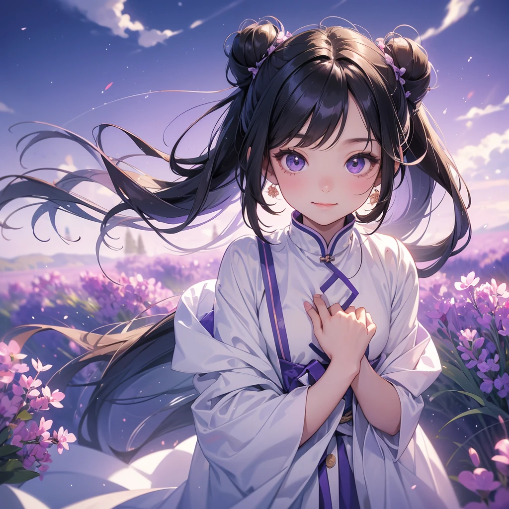 A chibi child girl had a small face and Wearing white little Taoist priest's outfit. A pair of big round eyes shone with curiosity about him. This child was so cute! ,her hair is black with two buns on her hair.small chibi, chibi baby, smiling,The little chibi baby looked up with his chest raised, and his face was old and proud.
Stroll among the purple lavender fields , There are some floating clouds.