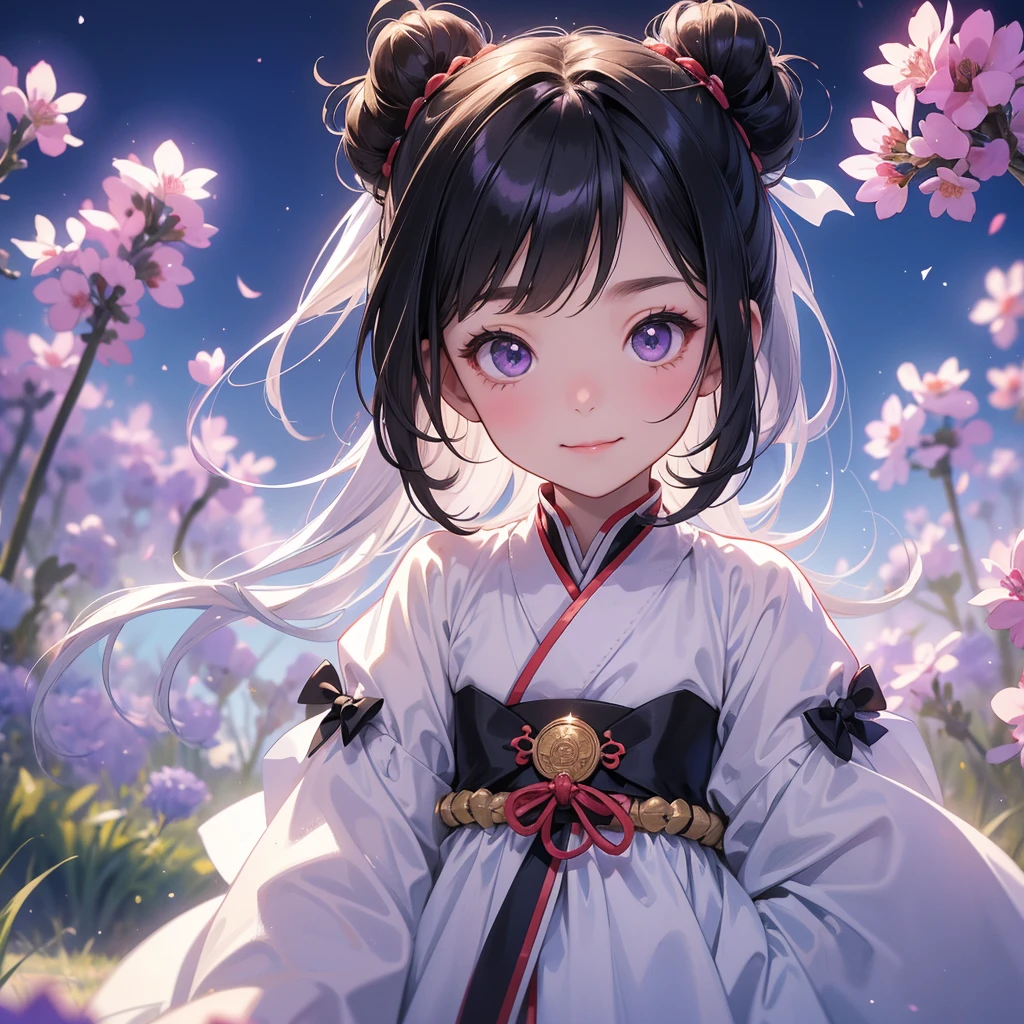 A chibi child girl had a small face and Wearing white little Taoist priest's outfit. A pair of big round eyes shone with curiosity about him. This child was so cute! ,her hair is black with two buns on her hair.small chibi, chibi baby, smiling,The little chibi baby looked up with his chest raised, and his face was old and proud.
Stroll among the purple lavender fields , There are some floating clouds.