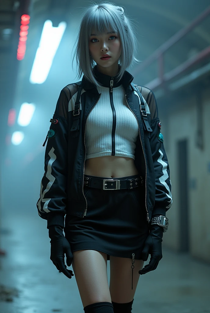 (nsfw:1.3), masterpiece, Best Quality, Realistic, A mysterious and sophisticated beautiful model, identity hidden, all body shot, with blue eyes wears futuristic and sexy fashion art. 18-years-old, beautiful and sexy Japanese girl is climbing at a wide angle, standing and random posing, with her full body in frame. She has an ultra-slim waist, large firm breasts, a large-sized buttocks, showcasing sculptural beauty. gray arranged hair, light color eyes, Realistic skin, Detailed face, , small head. /// dressed in a striking white and black military print bodysuit paired with a sleek black leather belt with a futuristic metallic buckle and low-rise black sweat Knee-high skirt with zipper accents. She wears a sheer black mesh bomber jacket adorned with white and black military patches, chunky black high-cut Sneakers with silver hardware. Her look is fierce and bold, complemented by black fingerless gloves with white LED lights and high-tech accessories. adding an edgy attitude. Her outfit is completed, merging functionality with style. exuding a hint of rebellion, embodying the essence of future street-chic fashion. The wear hugs her body tightly, accentuating her curves and digging sensuously into her skin, /// small head and face, Detailed wide Duck mouth, half open mouth, perfectly aligned teeth, perfect beautiful wide teeth, light blue eyes, half open eyes, shiny Droopy eyes, looking other, /// She is situated within the interior of a futuristic colony, in the deep night, with mist drifting and steam rising from concrete