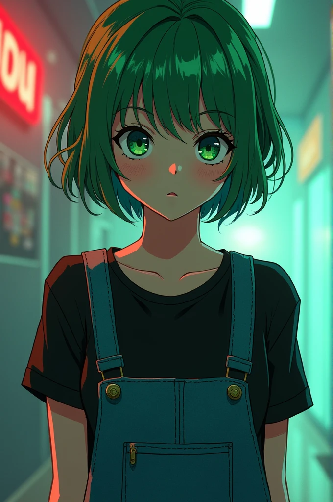 90s Japanese animation style like Ghost in the Shell. Female character 19, short-hair (more or less shoulder height). dyed green, green eyes with a tired look, black short sleeve shirt with belly sample, denim overalls on top, slightly worn clothes.  athletic body small breasts and firm hips. Beautiful face and distant gaze, a few freckles on the nose, something very subtle, use of makeup with contemplative expression . swirly vibrant colors, 90s anime filter, sharp focus,best qualityer, Depth of field