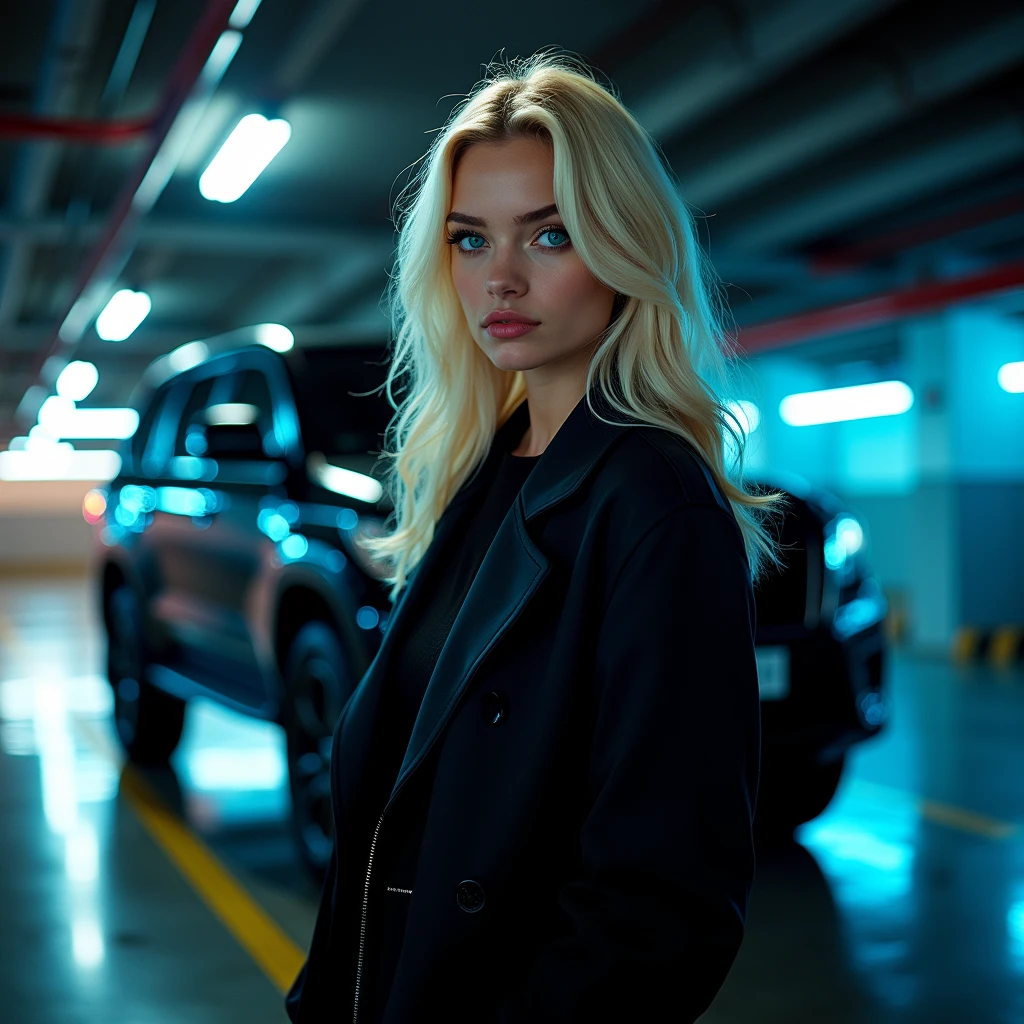A dynamic photoshoot of a blonde girl with piercing blue eyes, posing confidently beside a sleek black SUV in a neon-lit underground parking lot, the polished floors and artificial lights adding an edgy and modern flair, Photography, Sony A6400 with a 24mm lens, f/1.8