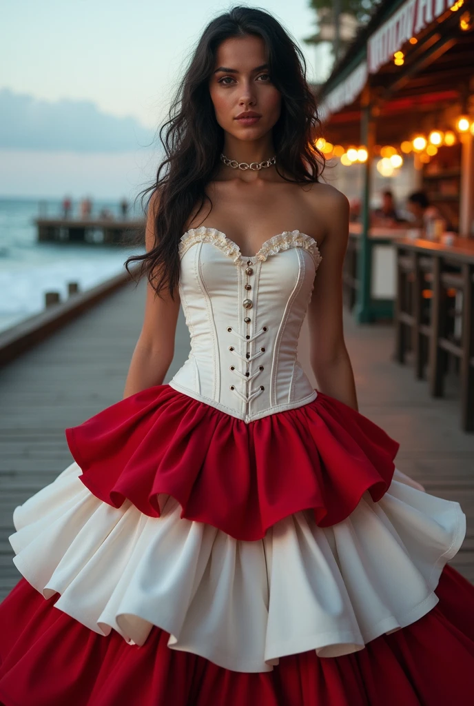 Take a picture of Maria Navalha from the pier at the bar, with a white corset and a skirt with 7 white and red ruffles
