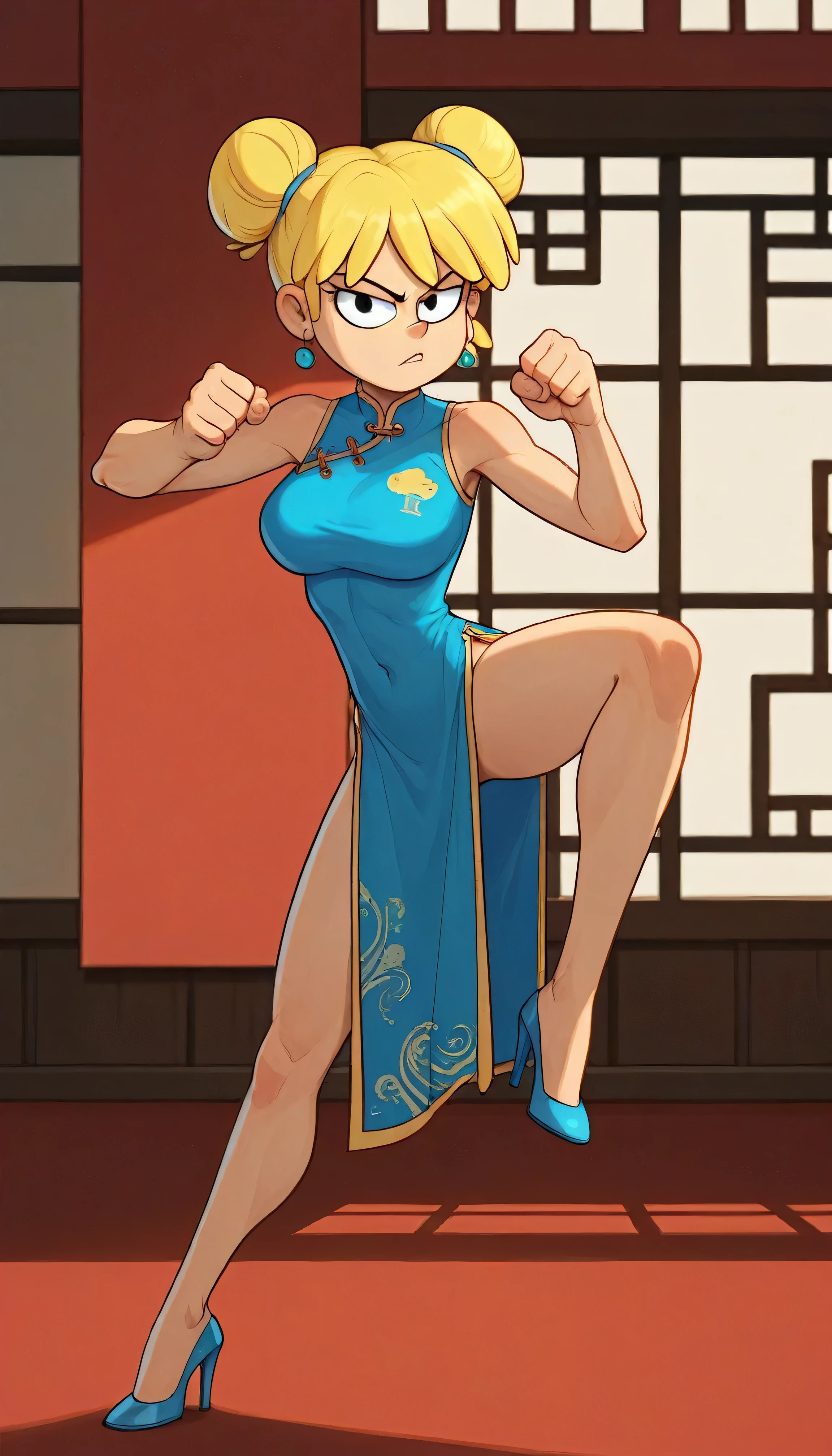 lori loud, 1girl, solo, 24yo girl, blue cheongsam,  inside of a chinese style temple, large breasts, looking at viewer, blonde hair, short hair, two hair buns , hands  score_9, score_8_up, score_7_up, high heels,teep fighting stance,martial arts