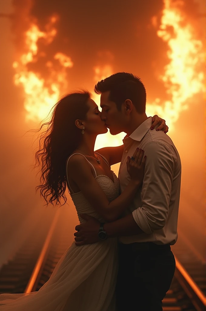 A burning train flying everywhere and a couple who were inside the train saying goodbye with passion