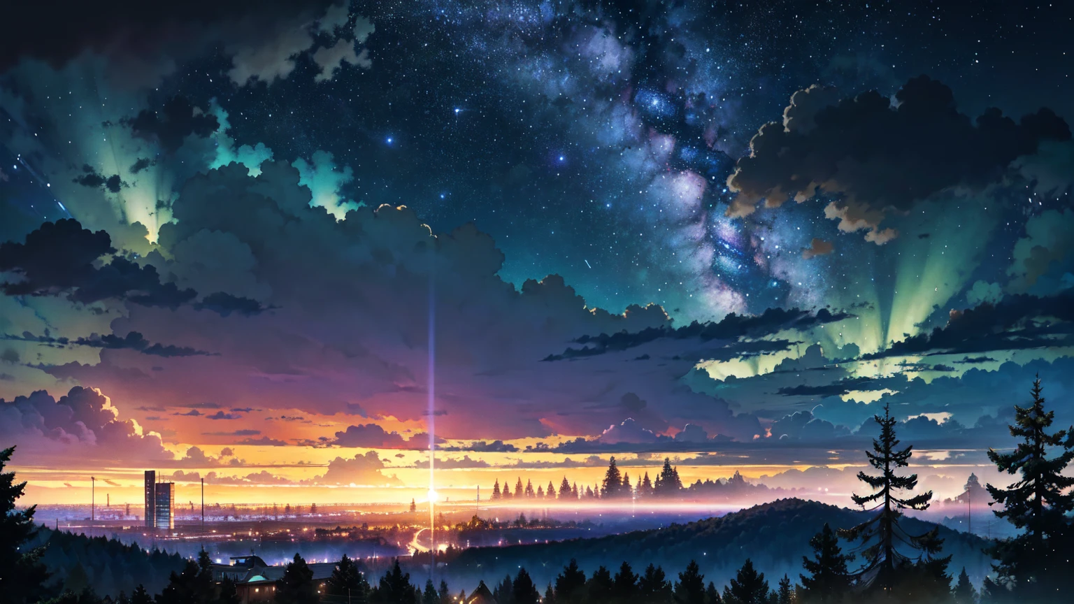 Nostalgic, Makoto Shinkai, a splendid library beyond the forest, beautiful composition. Night, heavy rain. The library can be seen beyond the forest, vivid. Sky full of stars. Rainy weather. Fantastic, forest in the foreground, library in the background. A bright picture.