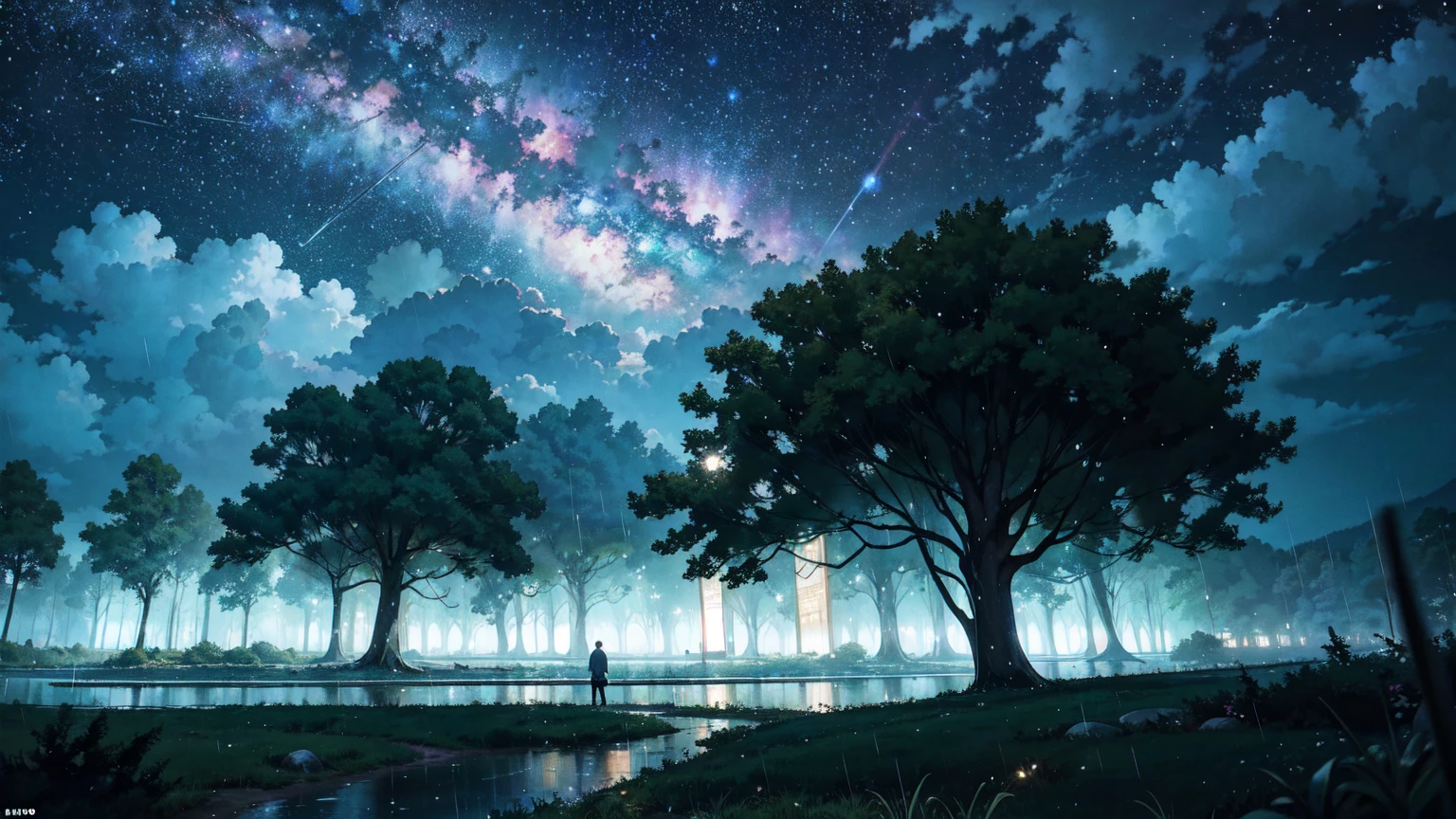 Nostalgic, Makoto Shinkai, a splendid library beyond the forest, beautiful composition. Night, heavy rain. The library can be seen beyond the forest, vivid. Sky full of stars. Rainy weather. Fantastic, forest in the foreground, library in the background. A bright picture.